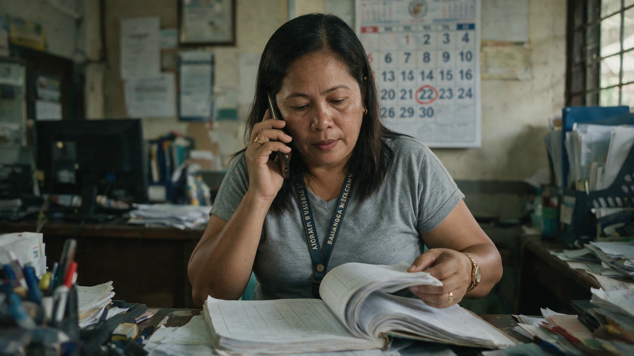 A council secretary on the phone mid-task, surrounded by paper files