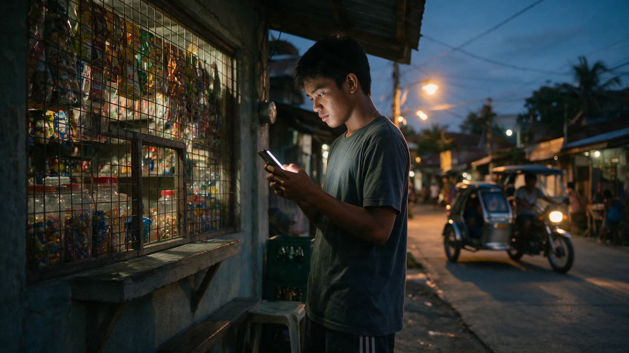 Neighbourhood store at night, a resident checking an announcement on his phone