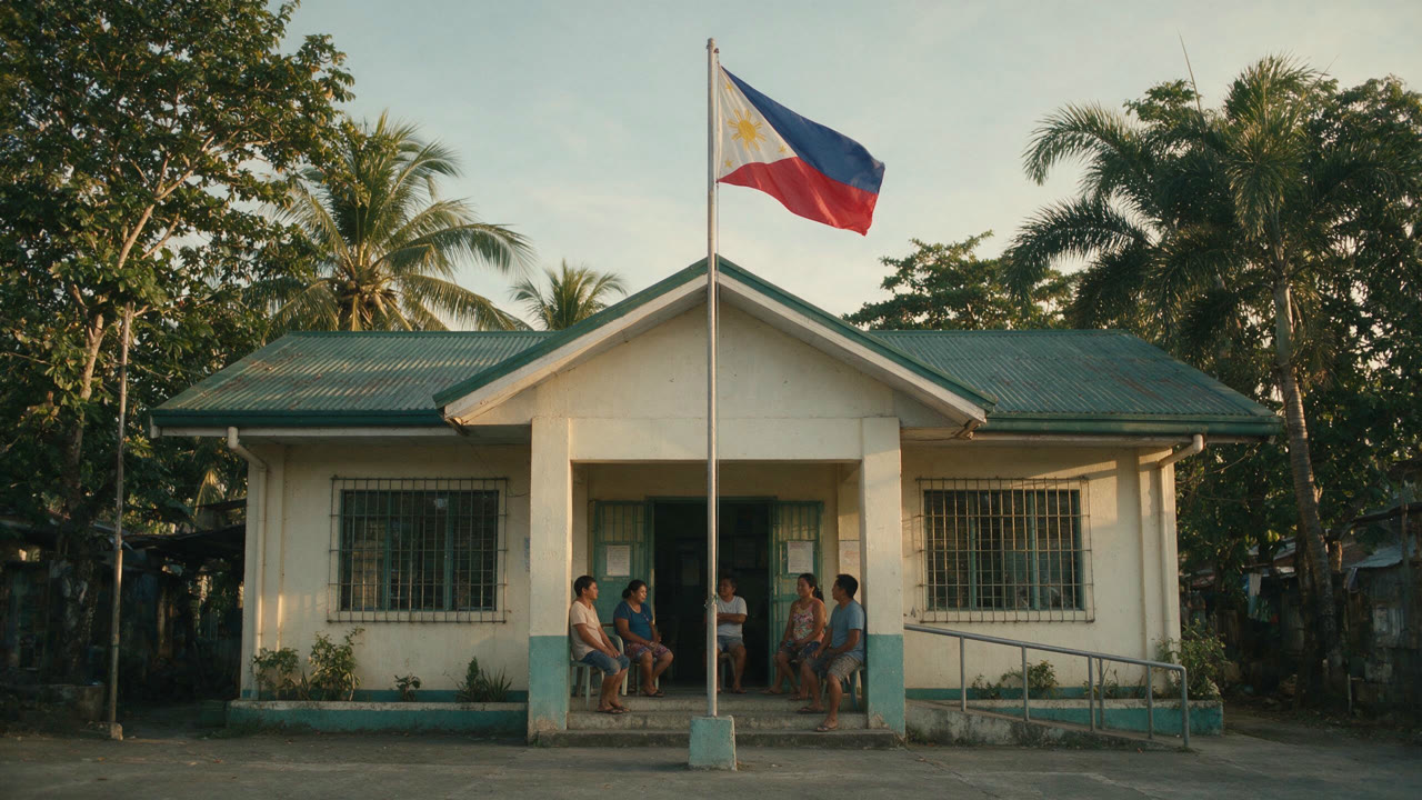 A barangay hall on a clear morning, the opening establishing shot